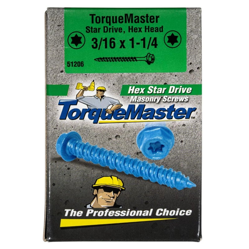 torque master Star Drive Hex Washer Head Masonry Screws, 100 Pieces with Drill Bit - 3/16" x 1-1/4" Concrete Masonry Screws, Rust Resistant High Strength - Image 3